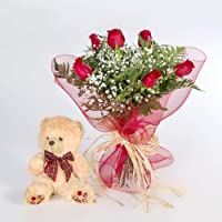 REGALAUNAFLOR-Ramo 6 rosas rojas con osito-FLORES FRESCAS-FLORES NATURALES-Entrega en 24 horas de MARTES A SABADO.-SAN…
